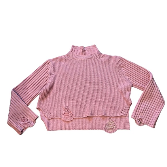 POL Chunky Mock Turtleneck Wide Sleeve Cropped Hi-Low Hem Distressed Sweater - Picture 9 of 16